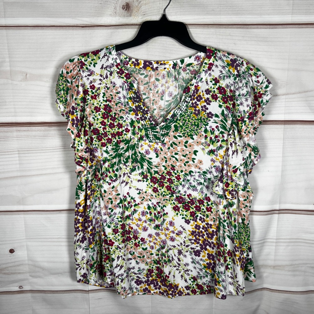 Maurices Floral V-Neck Blouse Womens 3X Multicolor Floral Ruffle Cap Sleeve Boho